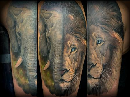 Tattoos - Elephant and Lion half sleeve by Haylo - 141221