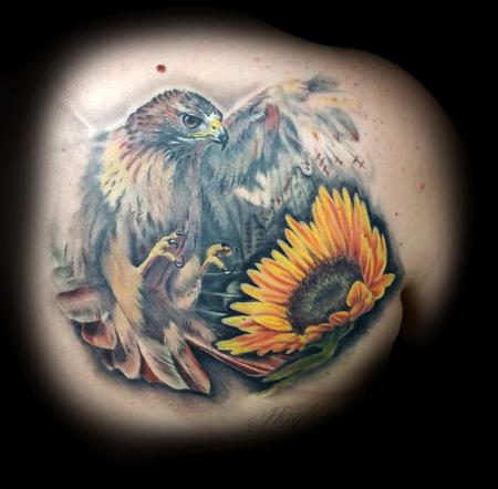 Tattoos - Golden Eagle with sunflower Realistic style back piece - 119715