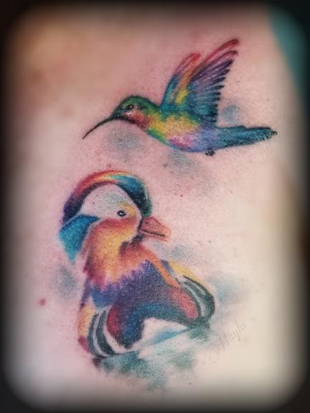 Haylo - Mandarin duck and hummingbird watercolor tattoo by Haylo 