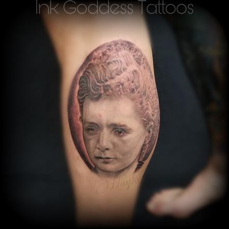 Tattoos - Marie Curie black and gray shade realistic portrait on calf - 140830
