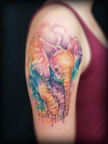 Haylo - Baby Elephant watercolor freehand tattoo by Haylo