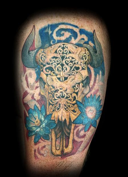 Tattoos - Realistic style Carved Bull Skull with Blue lotus accents and American Flag background with negative space Filigree - 119723
