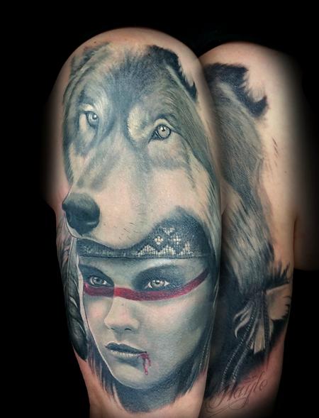 Tattoos - Custom Realistic Native American woman with wolf headress - 119743