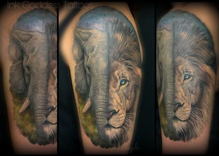 Tattoos - Elephant & Lion integration custom half sleeve  - 138851