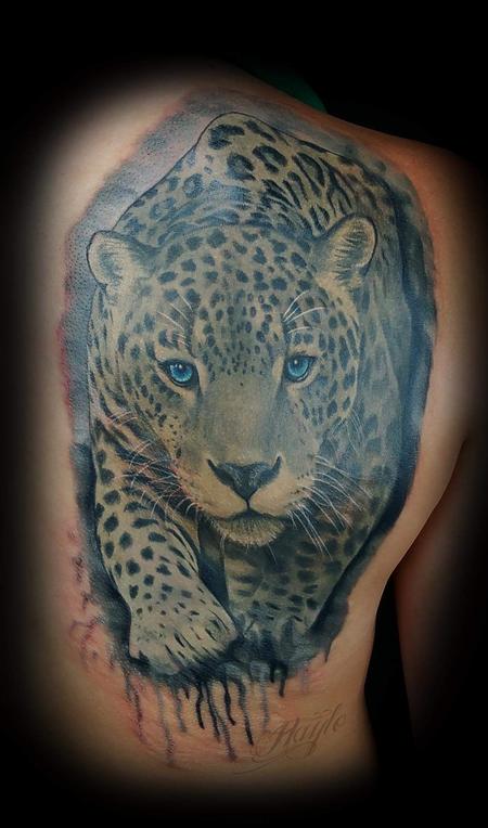 Tattoos - Black and gray Jaguar with blue eyes - 141090