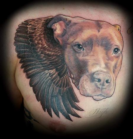 Tattoos - Pit bull portrait with wings memorial  - 141103