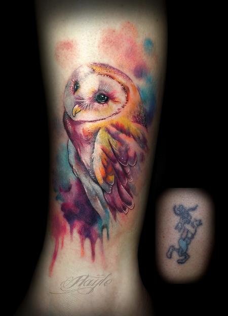 Tattoos - Watercolor style owl cover up  - 119362