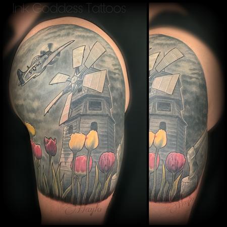 Haylo - Windmill, plane and tulip cover up tattoo by Haylo 