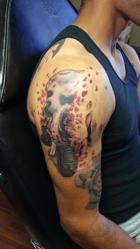 Haylo - Elephant skull and rose petals progression Tattoo by Haylo