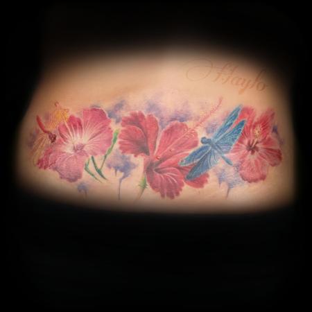 Tattoos - Lower back custom, realistic style tattoo with hibiscus flowers, and dragonflies with watercolor accents - 109137