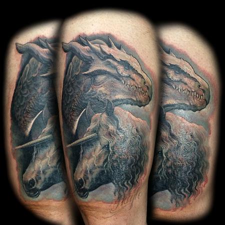 Tattoos - Realistic, full color dragon with unicorn thigh piece - 133175