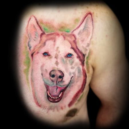 Tattoos - Watercolor style red Siberian Husky chest piece - 133174