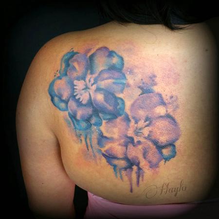Haylo - Watercolor style larkspur floral tattoo 