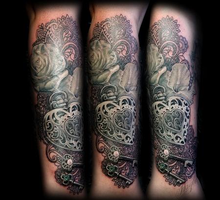 Tattoos - Realistic locket, rose, gladiolus, keys, and lace half sleeve - 131825