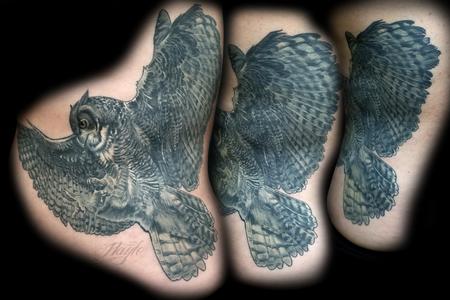 Tattoos - Black and Gray realistic owl rib piece - 131824