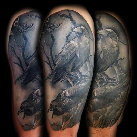 Tattoos - Black and gray realistic style ravens half sleeve - 133176