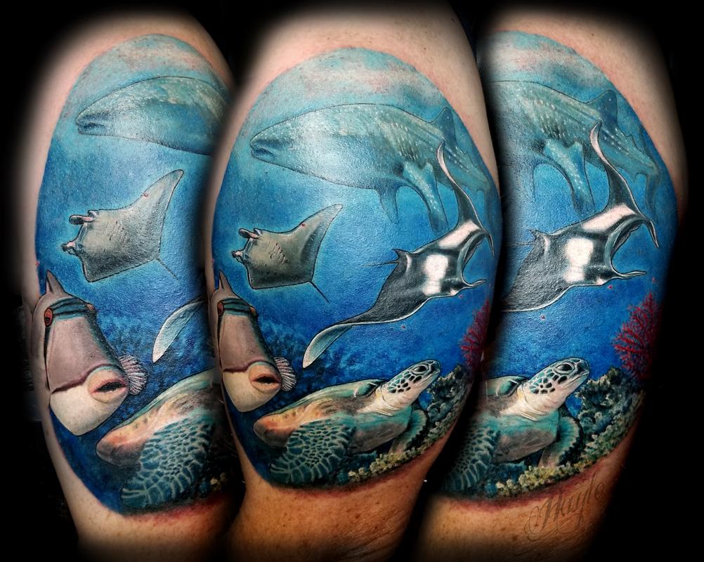 Underwater, seascape with sea life half sleeve by Haylo TattooNOW
