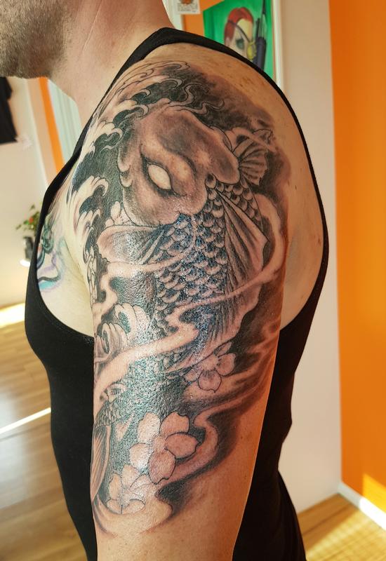 Hailin Tattoo Shop  Black and grey Koi fish with a color lotus flower koi  koifishtattoo blackandgreykoi lotus lotusflowertattoo lotusflower  lotusflowers halfsleevetattoo asianstyle asiantattoo  Facebook