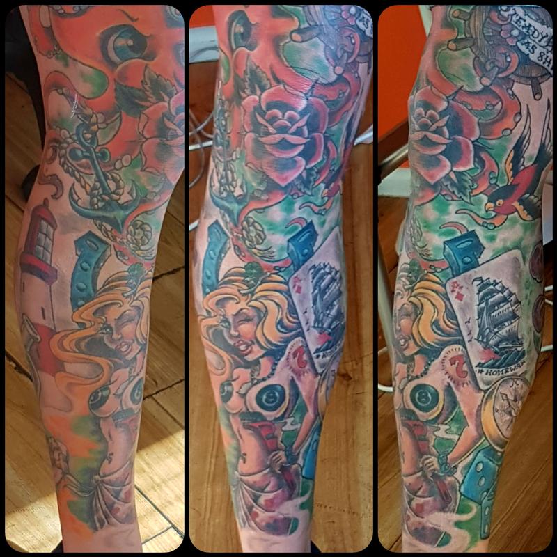 Traditional Themed New School Leg Sleeve Tattoo by Steve Malley: TattooNOW