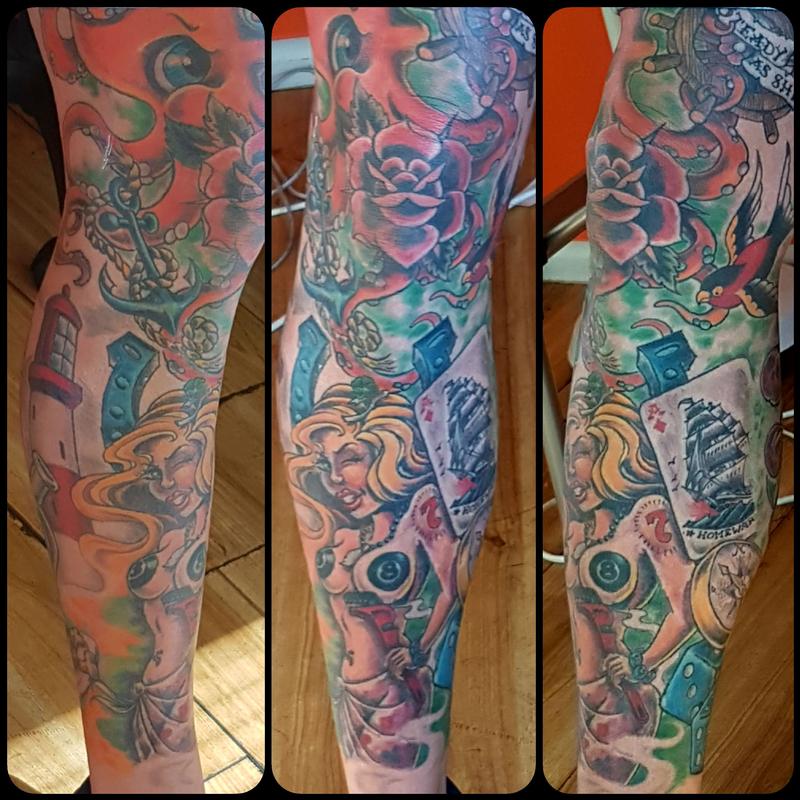 Traditional Themed New School Leg Sleeve Tattoo by Steve Malley: TattooNOW Traditional Themed New School Leg Sleeve Tattoo by Steve Malley: TattooNOW