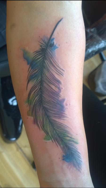 Feminine Watercolor Feather Tattoo by Chloe DeBoo: TattooNOW
