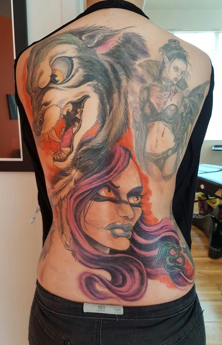 Tattoos - Wolf Warrior Color Tattoo Full Back - 122729