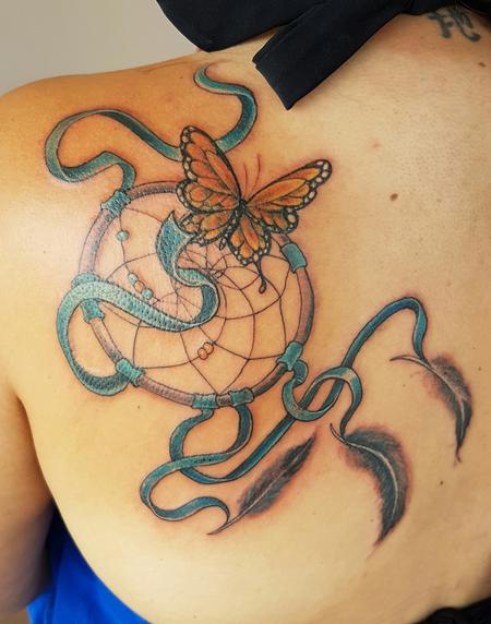 Tattoos - Dreamcatcher Butterfly Feminine Coverup Tattoo - 123714