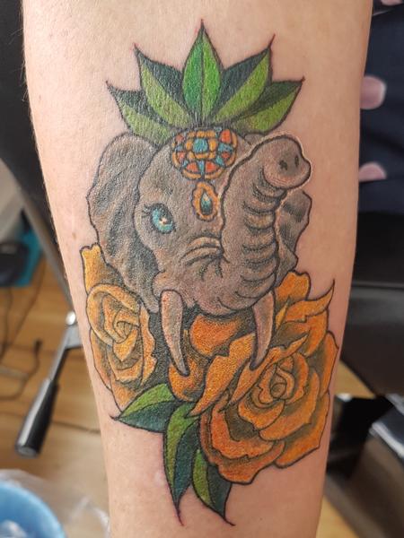 Tattoos - Cute Feminine Elephant Flower Tattoo - 132106