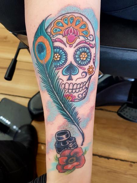 Tattoos - Sugar Skull and Peacock Feather Feminine Tattoo - 132350