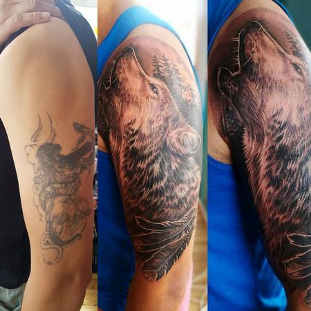 Tattoos - Black and Gray Wolf Coverup Tattoo - 131744