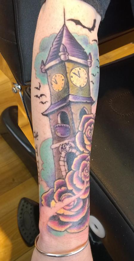 Tattoos - Spooky Clock Tower Color Tattoo  - 120018