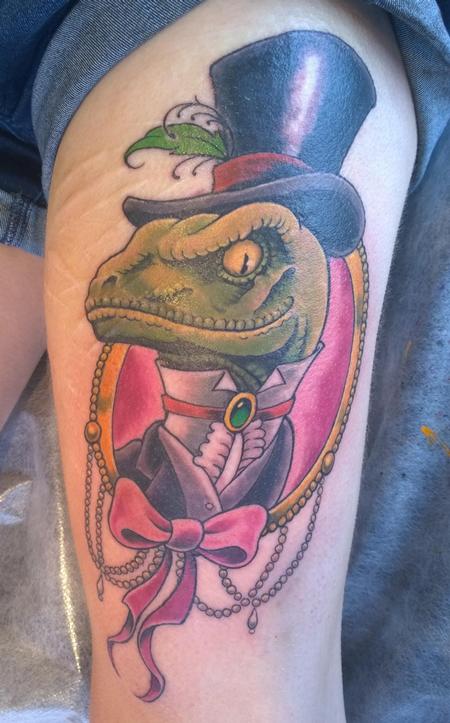 Tattoos - Neo-Traditional Velociraptor in a Top Hat Color Tattoo - 121979