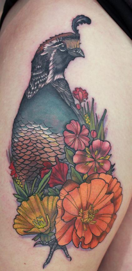 Tattoos - Quail and California wild flowers tattoo - 94403