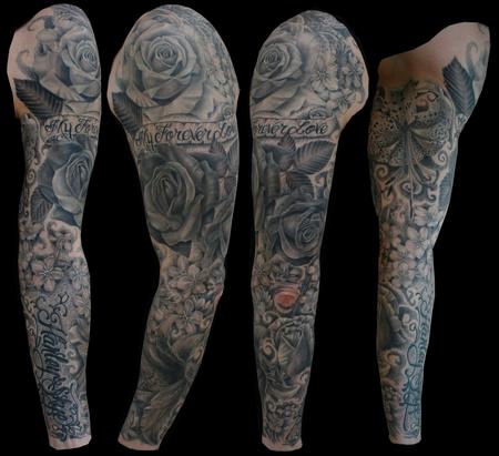 Tattoos - Black & Gray Floral Sleeve - 89785
