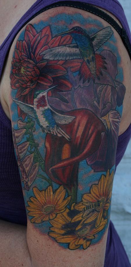 Tattoos - Hummingbird and Floral Half Sleeve - 114117