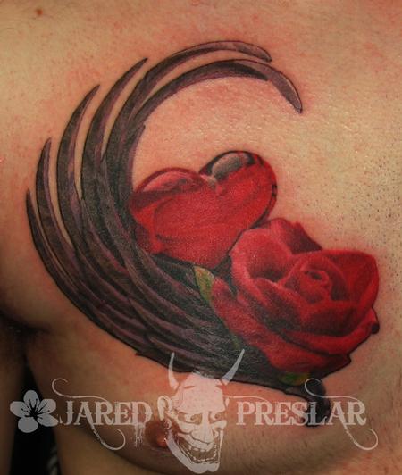 Tattoos - Glass Heart and Rose Flower Tattoo - 76112