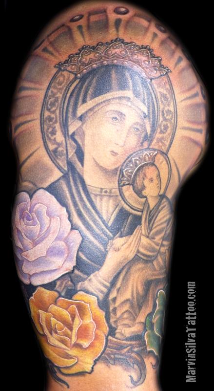 Virgin Mary With Jesus Christ Tattoo On Half Sleeve