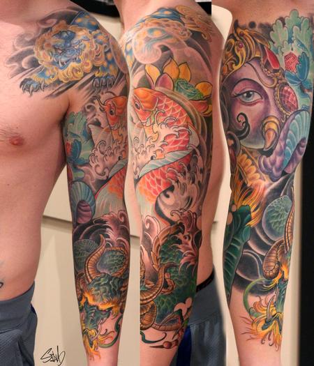 Tattoos - Koi Fish Fu Dog Ganesh Dragon Tattoo - 95297