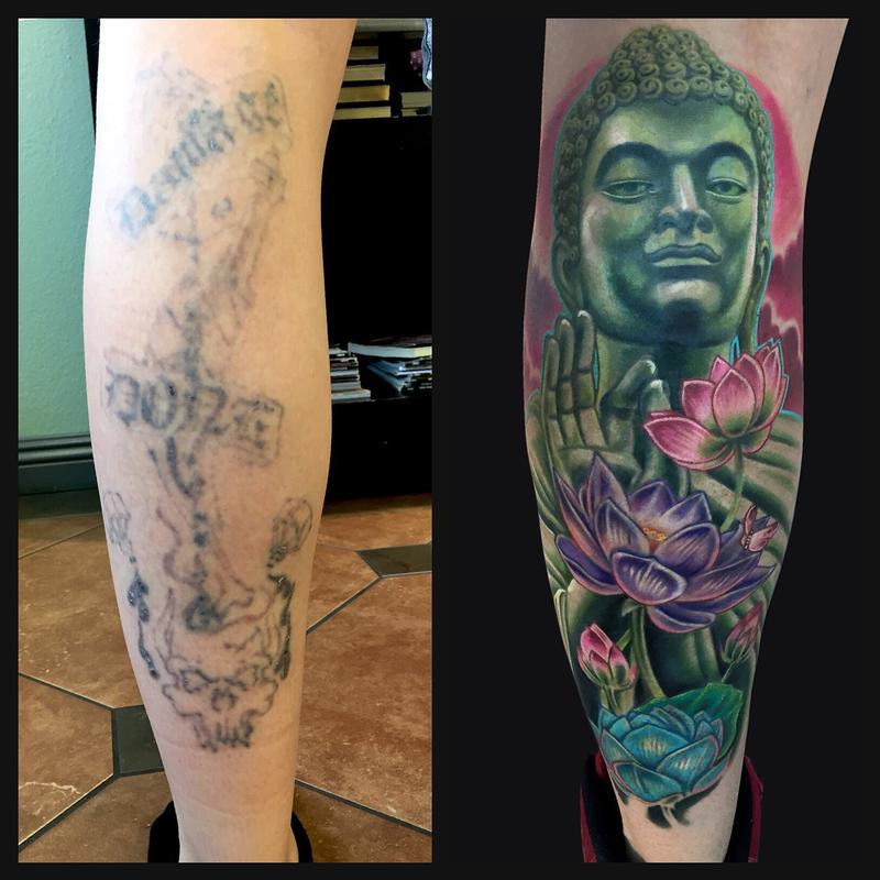 Buddha and Lotus flower cover up tattoo by Marc Durrant: TattooNOW