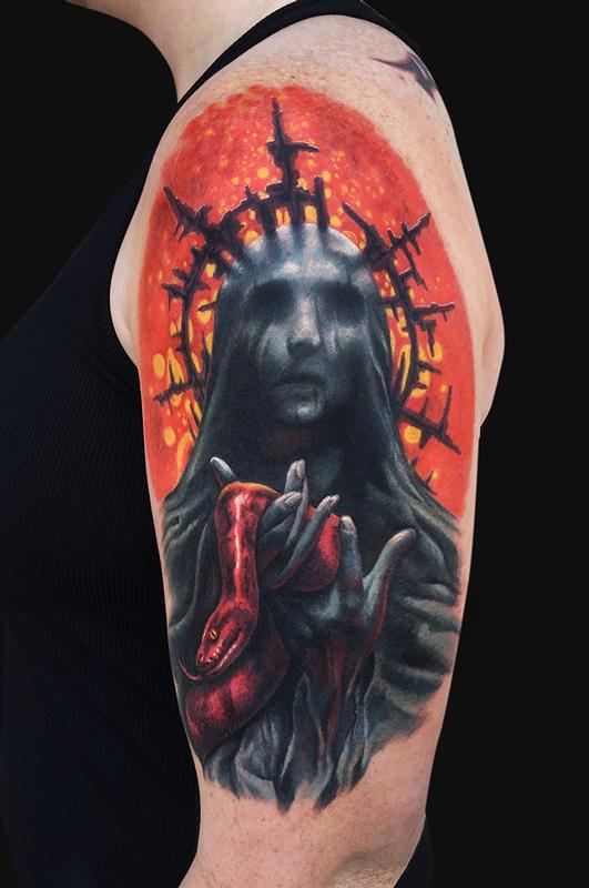 Demon Holding Snake Arm Tattoo by Jamie Lee Parker: TattooNOW