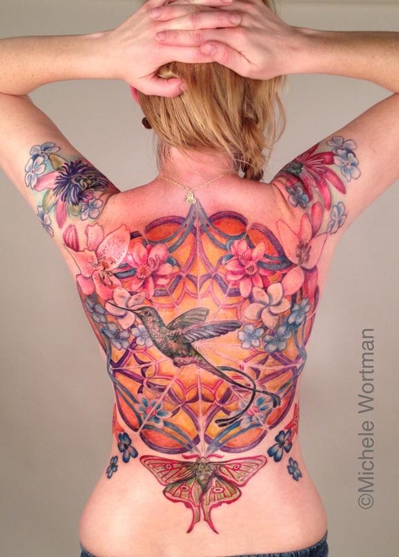 Michele Wortman - Pirkkos Hummingbird in cosmic garden back piece 