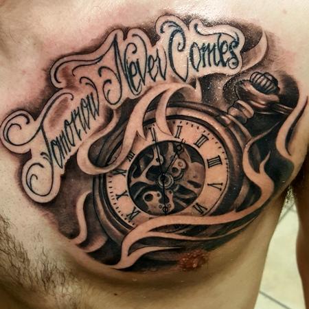 George Muecke - time tattoo clock pocket watch tommorow never comes until the next day