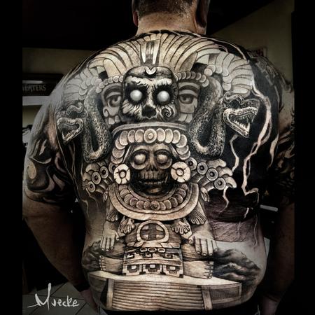 George Muecke - Black and grey tattoos florida aztec god of war and sacrafice backpiece custom art upper torso body suit 