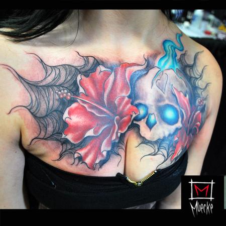 George Muecke - Muecke Chest piece tattoo skull spiderweb rose flowers girl ink