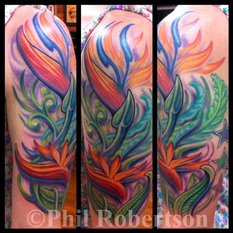 Bird of paradise flowers color tattoo by Phil Robertson