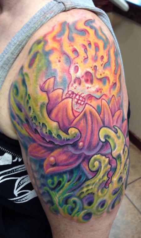 Tattoos - Lotus flower and flame skull - 102001