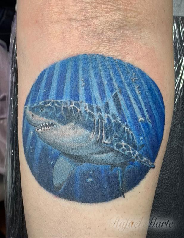 Realistic Shark under Blue Water Tattoo by Rafael Marte TattooNOW