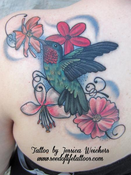 Tattoos - Feminine hummingbird and floral piece - 90008