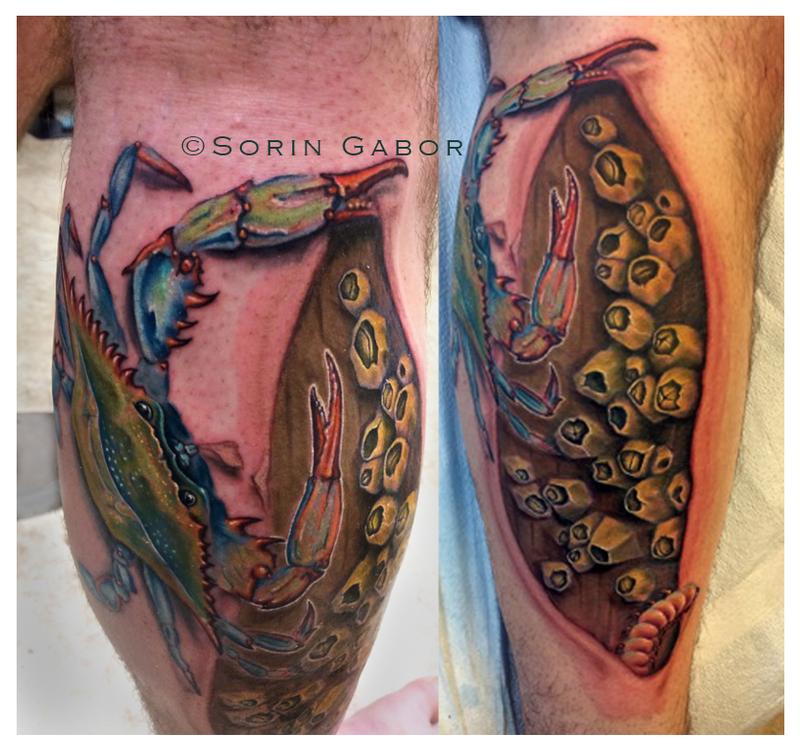 Realistic blue crab tattoo on leg with barnacles on dock and skin rip by  Sorin Gabor: TattooNOW