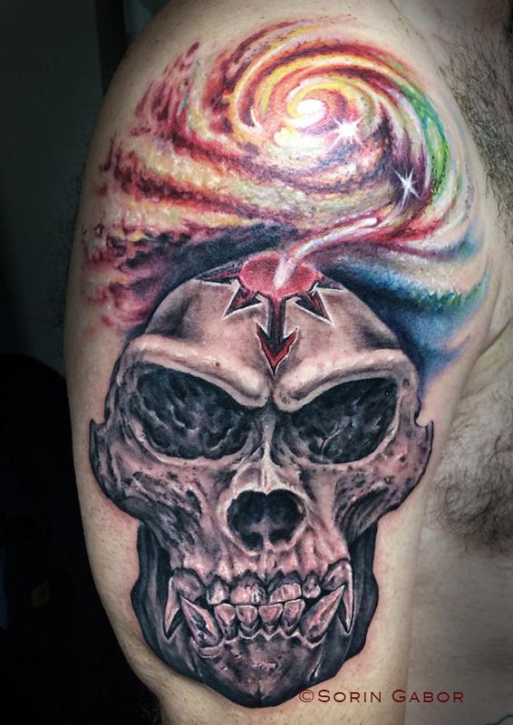 Realistic black and gray gorilla skull with color space tattoo by Sorin ...